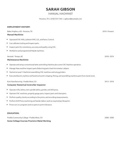 Manual Machinist Resume