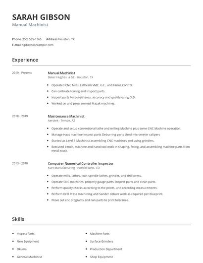 Manual Machinist Resume
