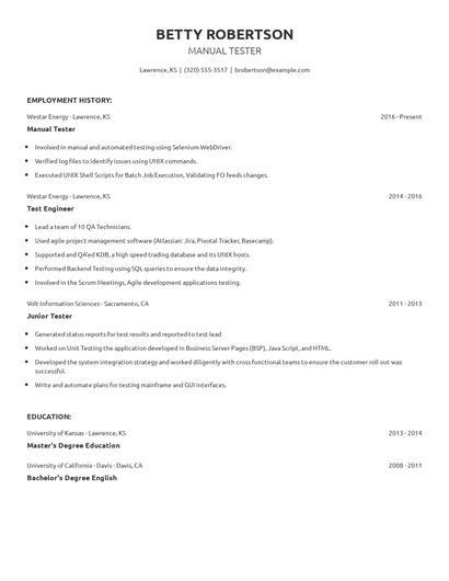 Manual Tester Resume