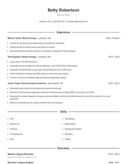 Manual Tester Resume