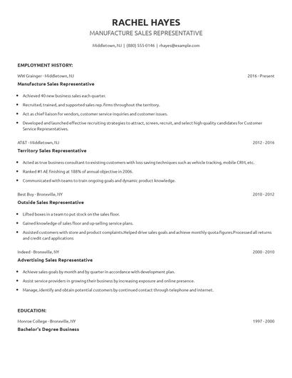 Manufacture Sales Representative Resume