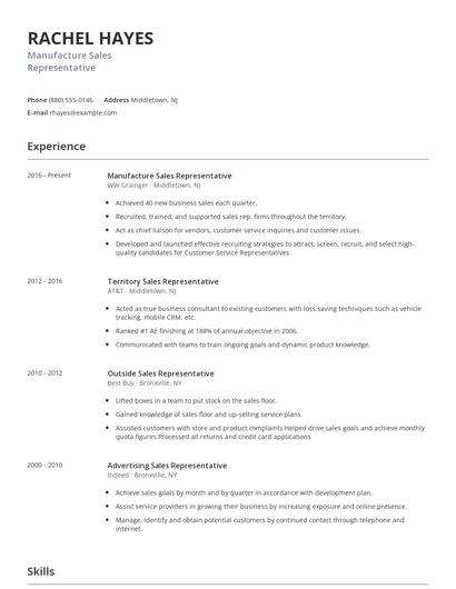 Manufacture Sales Representative Resume