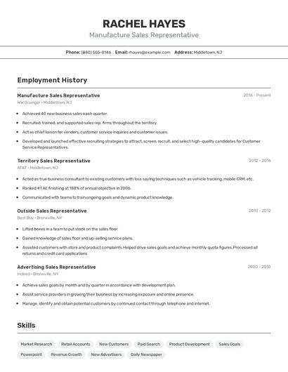 Manufacture Sales Representative Resume