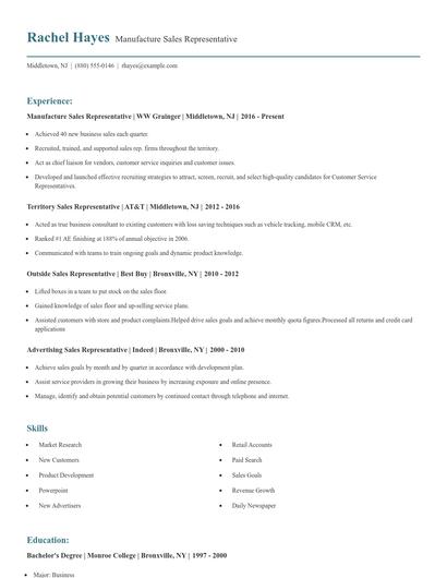 Manufacture Sales Representative Resume