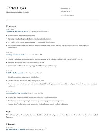 Manufacture Sales Representative Resume