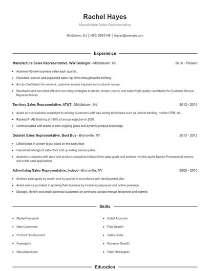 Manufacture Sales Representative Resume