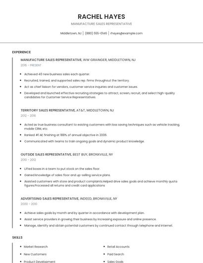 Manufacture Sales Representative Resume