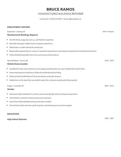 Manufactured Buildings Repairer Resume