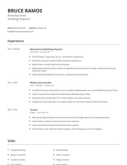Manufactured Buildings Repairer Resume