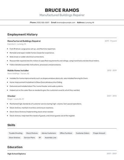 Manufactured Buildings Repairer Resume