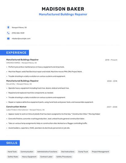 Manufactured Buildings Repairer Resume