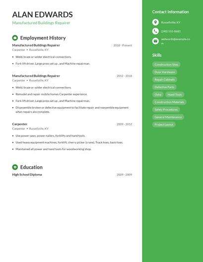 Manufactured Buildings Repairer Resume