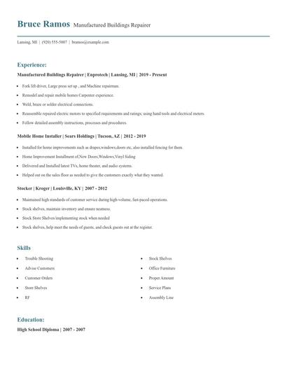Manufactured Buildings Repairer Resume