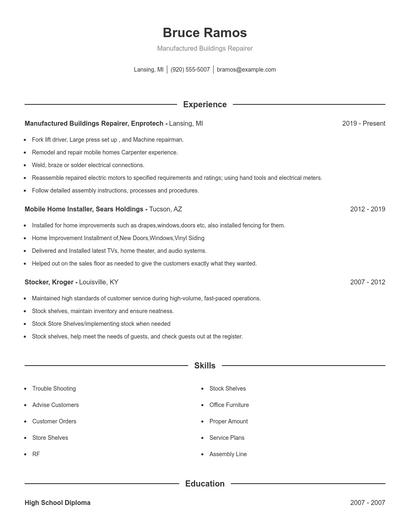 Manufactured Buildings Repairer Resume