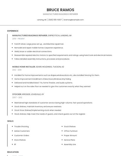 Manufactured Buildings Repairer Resume