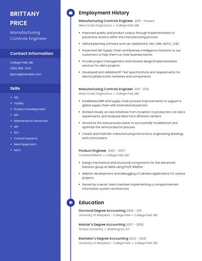Manufacturing Controls Engineer Resume