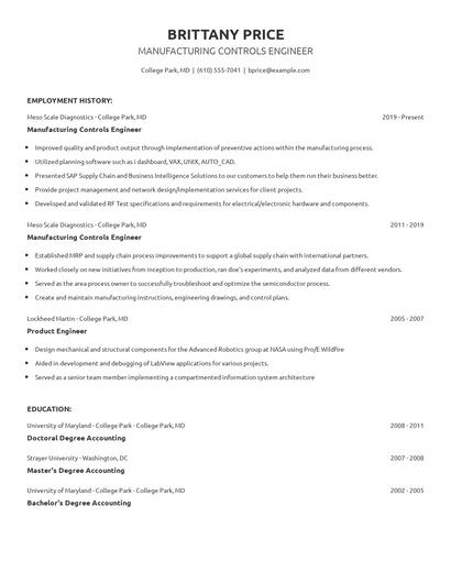 Manufacturing Controls Engineer Resume