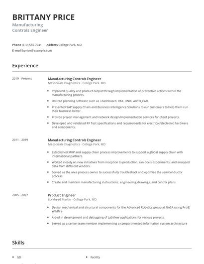 Manufacturing Controls Engineer Resume