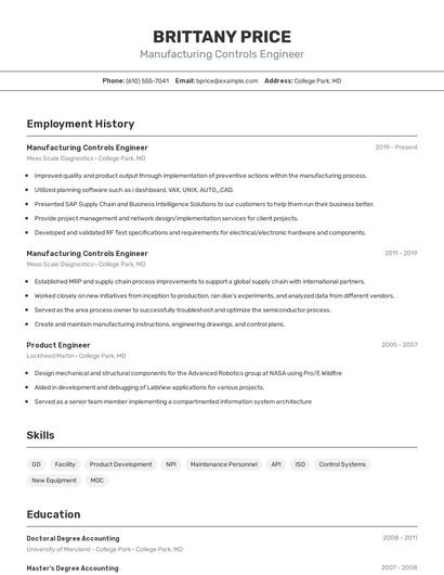 Manufacturing Controls Engineer Resume