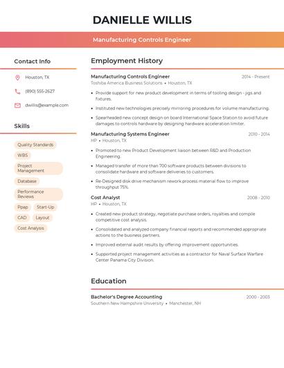 Manufacturing Controls Engineer Resume