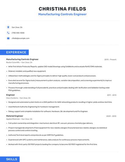 Manufacturing Controls Engineer Resume