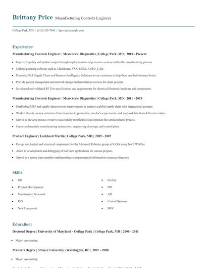 Manufacturing Controls Engineer Resume
