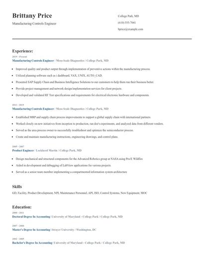 Manufacturing Controls Engineer Resume