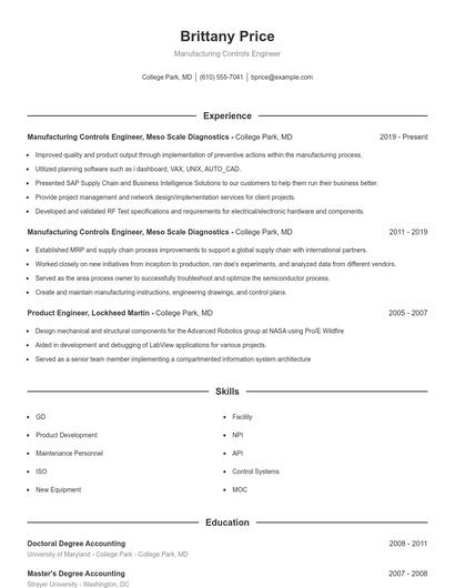 Manufacturing Controls Engineer Resume