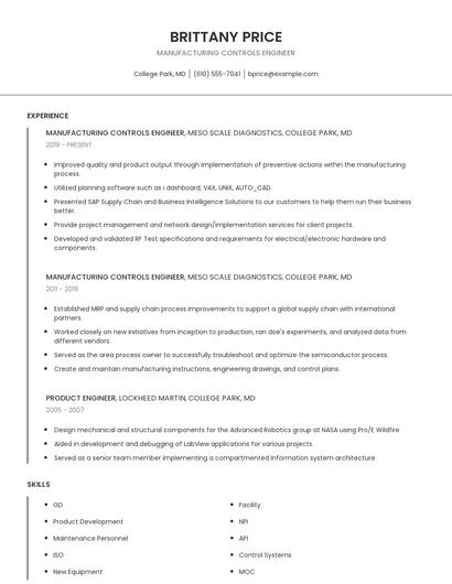 Manufacturing Controls Engineer Resume