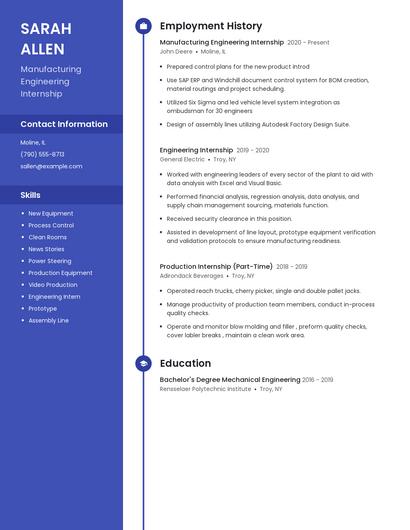 Manufacturing Engineering Internship Resume