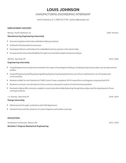 Manufacturing Engineering Internship Resume