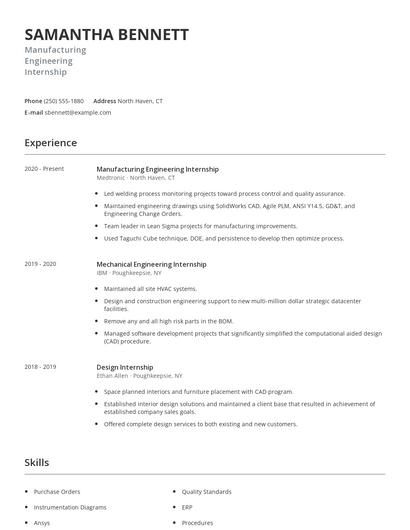 Manufacturing Engineering Internship Resume