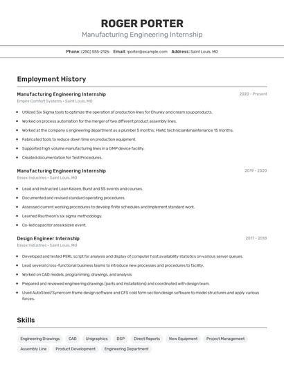 Manufacturing Engineering Internship Resume