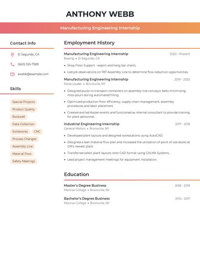 Manufacturing Engineering Internship Resume