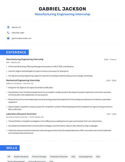 Manufacturing Engineering Internship Resume