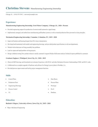 Manufacturing Engineering Internship Resume