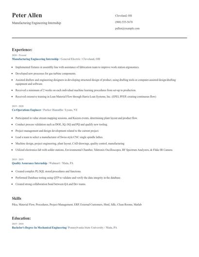 Manufacturing Engineering Internship Resume