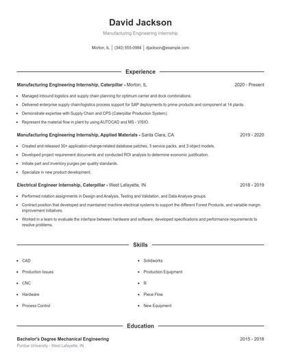 Manufacturing Engineering Internship Resume