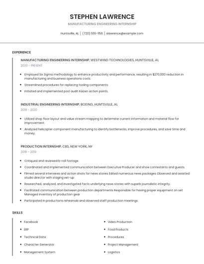 Manufacturing Engineering Internship Resume