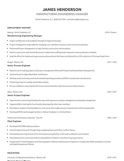 Manufacturing Engineering Manager Resume