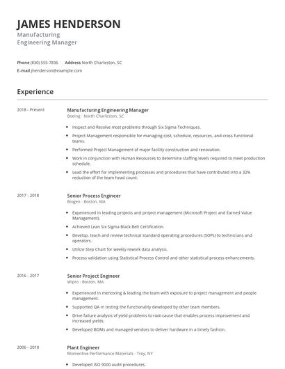 Manufacturing Engineering Manager Resume