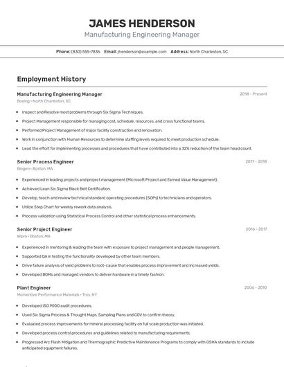 Manufacturing Engineering Manager Resume