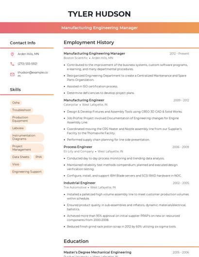 Manufacturing Engineering Manager Resume
