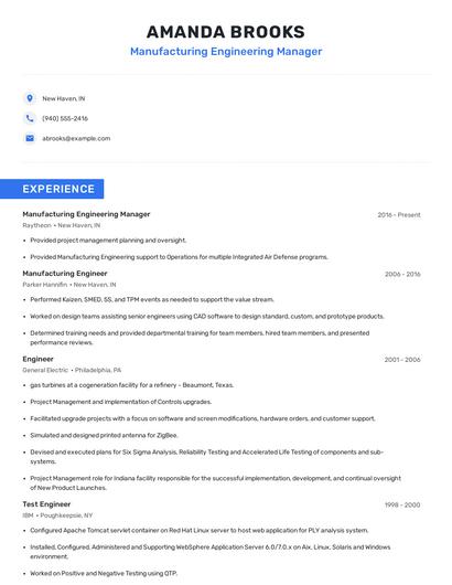 Manufacturing Engineering Manager Resume