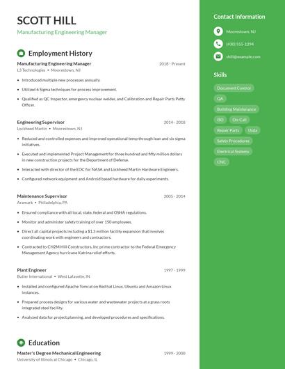 Manufacturing Engineering Manager Resume