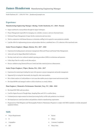 Manufacturing Engineering Manager Resume
