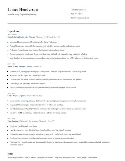 Manufacturing Engineering Manager Resume