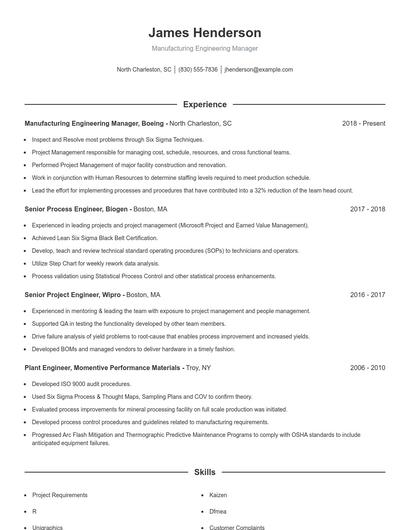 Manufacturing Engineering Manager Resume