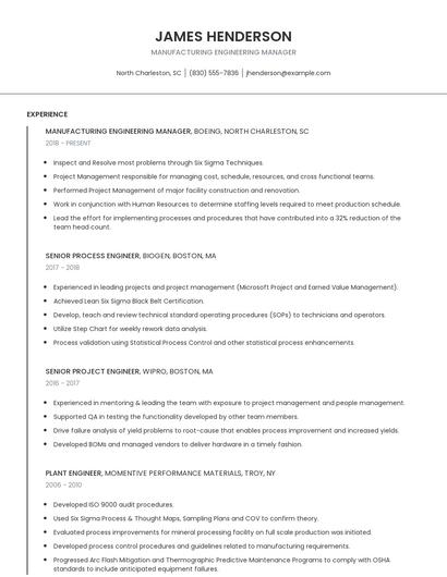 Manufacturing Engineering Manager Resume