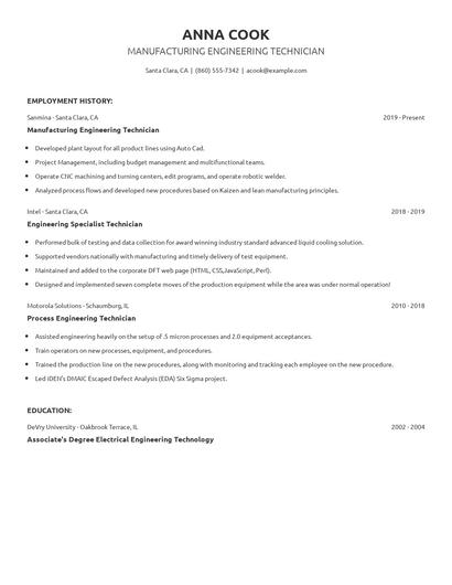 Manufacturing Engineering Technician Resume